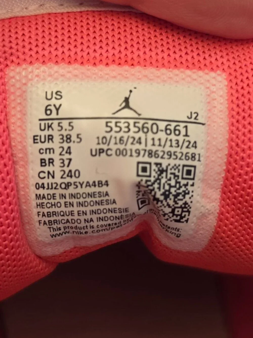 Nike Air Jordan 1 low GS Pink foam/summit white/hyper pink GS 6Y